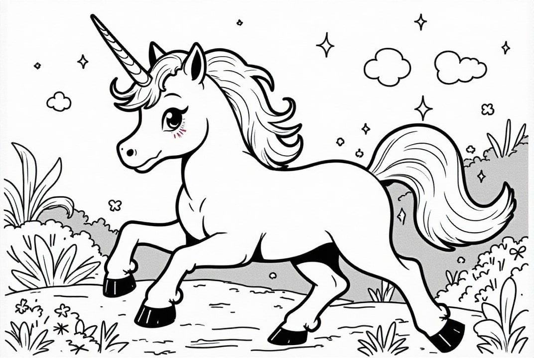 Disegno da colorare unicorno sulla strada