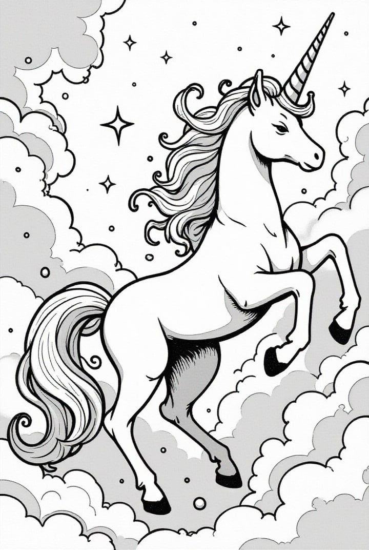 Disegno da colorare unicorno tra le nuvole