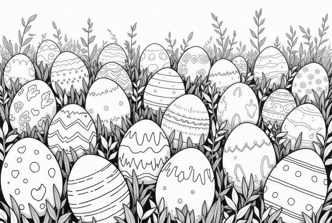 Disegno da colorare uova di pasqua in giardino