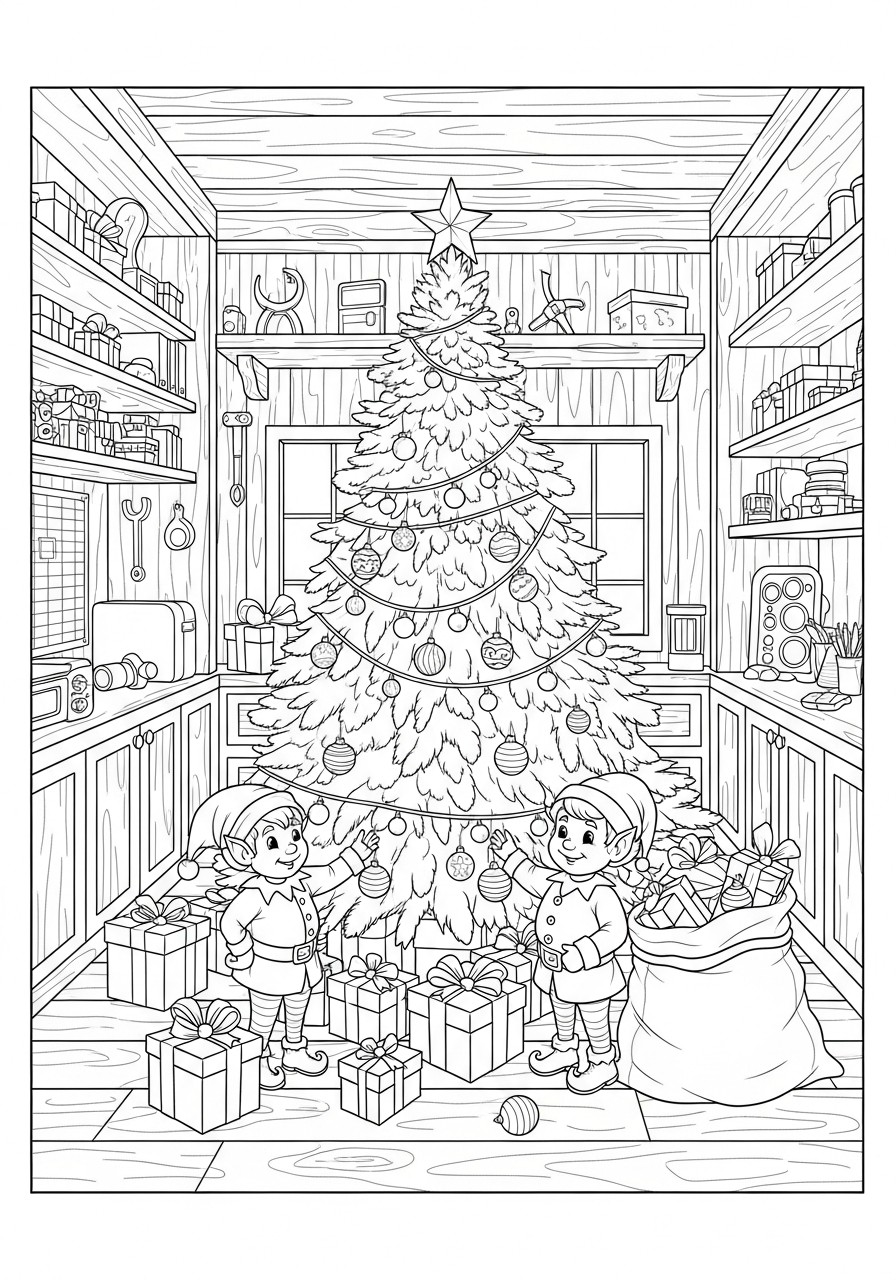 elfi di natale all'albero di natale Disegno da colorare elfi di natale all'albero di natale