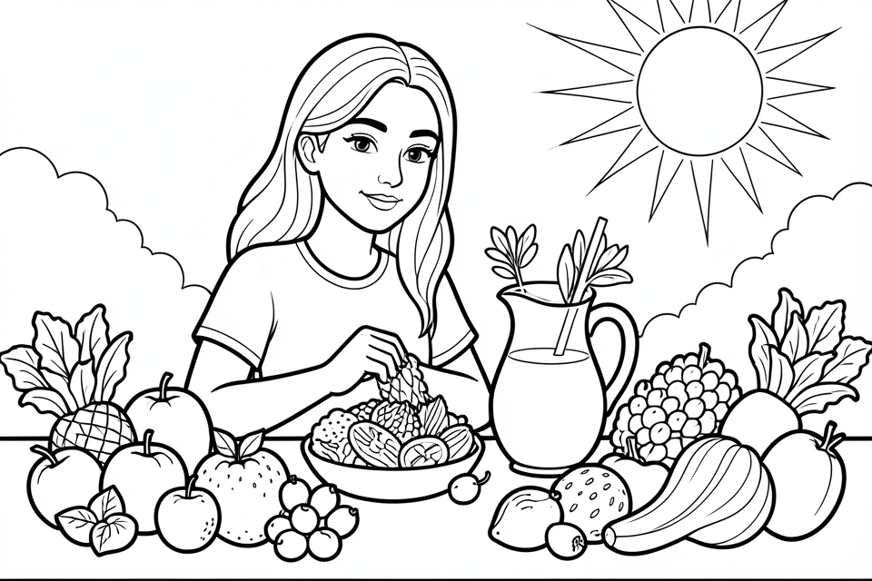 frutta e verdura in una giornata estiva Disegno da colorare frutta e verdura in una giornata estiva