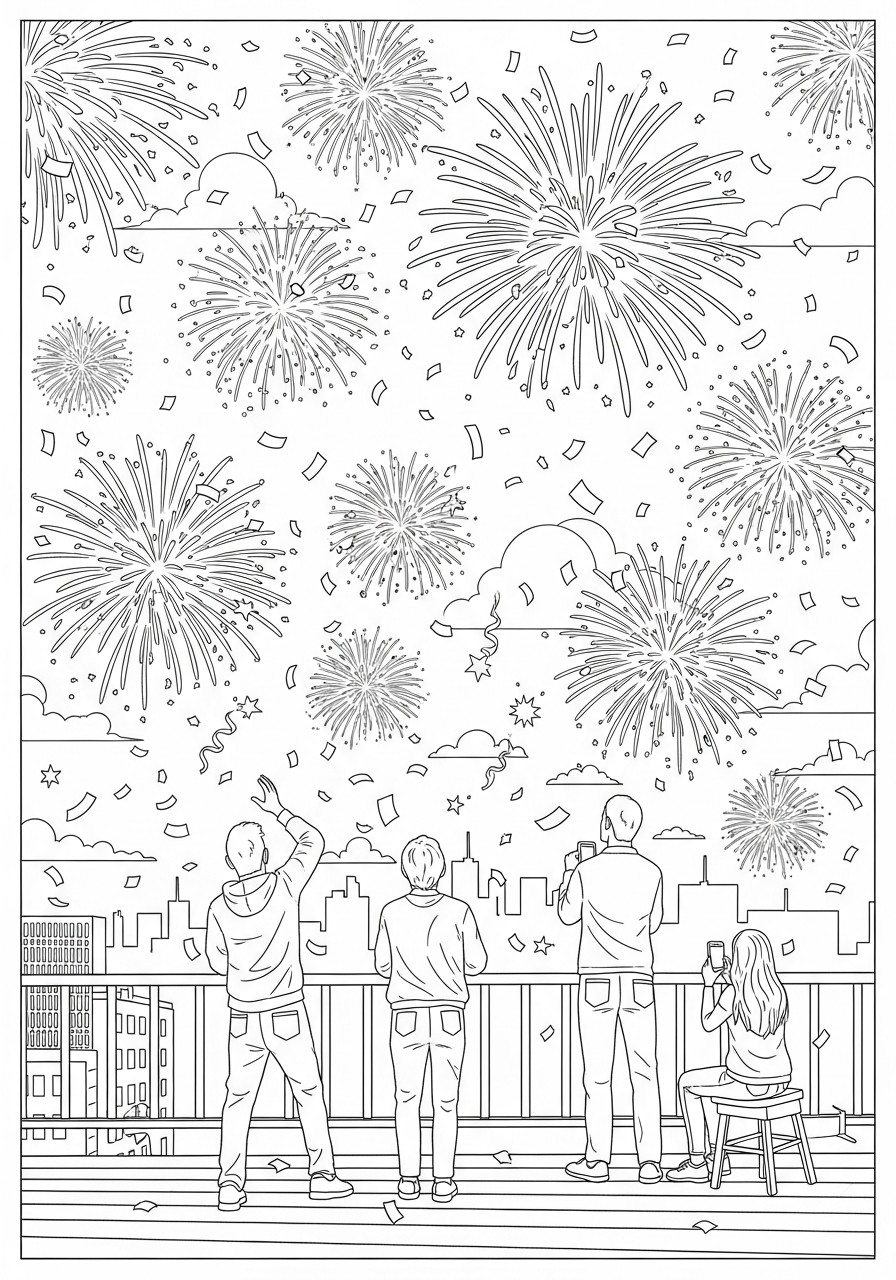 Disegno da colorare fuochi d'artificio a capodanno