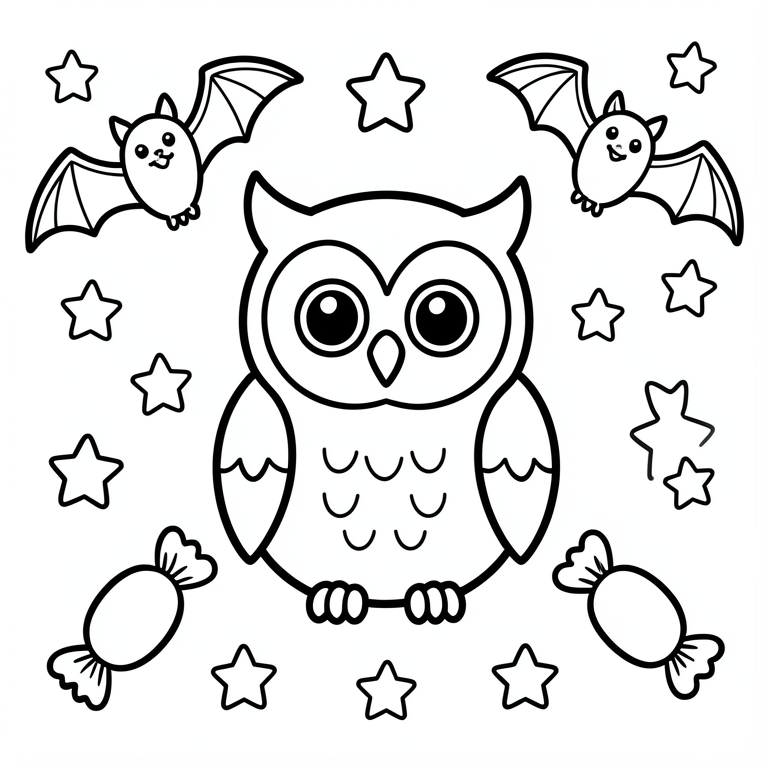 Disegno da colorare gufo carino con pipistrelli