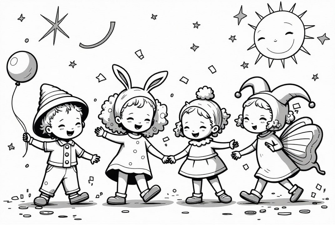 i bambini piccoli festeggiano il carnevale Disegno da colorare i bambini piccoli festeggiano il carnevale