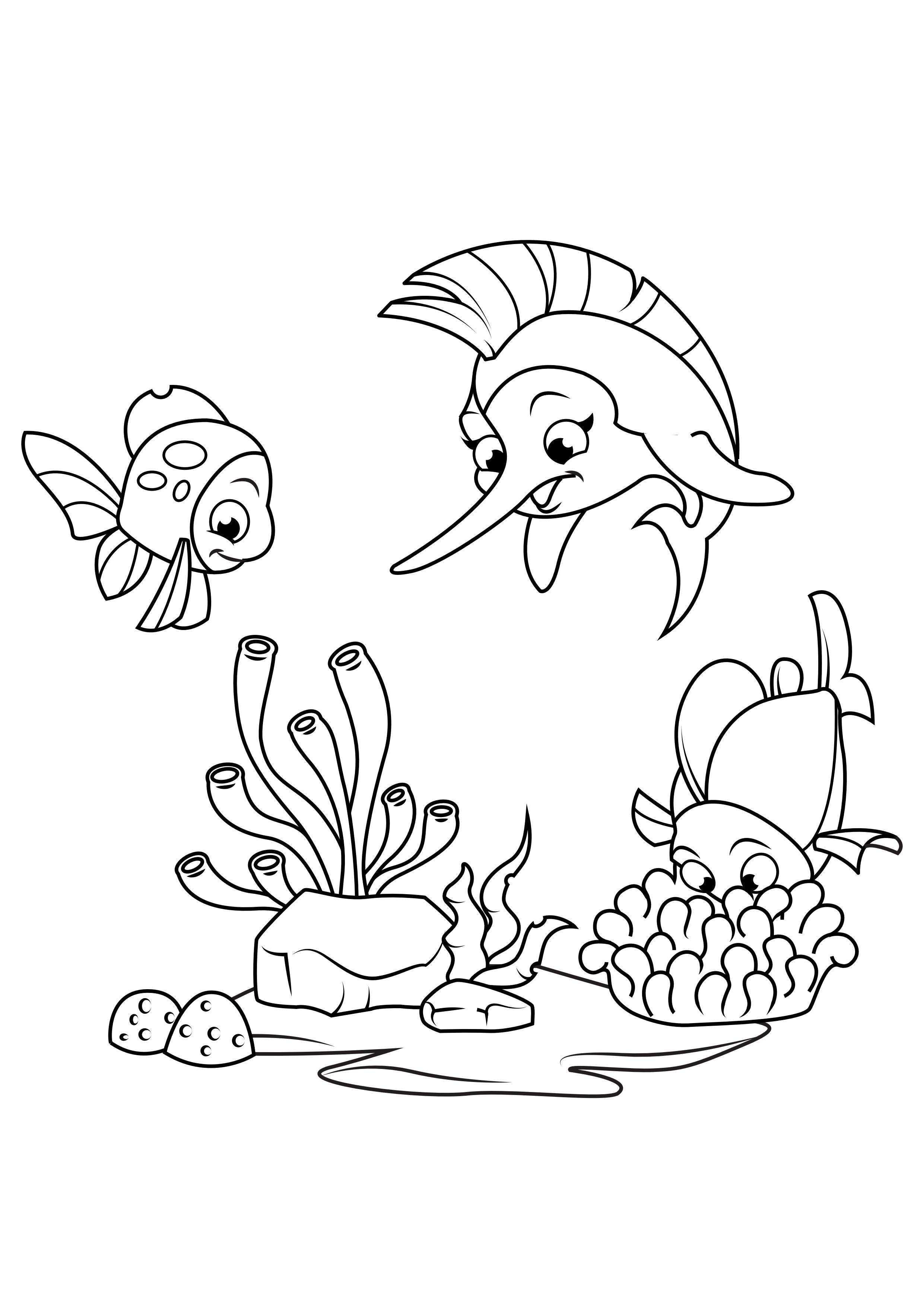 Disegno da colorare il pesce spada gioca con il pesce