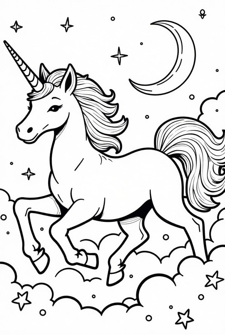 Disegno da colorare l'unicorno galoppa nella notte