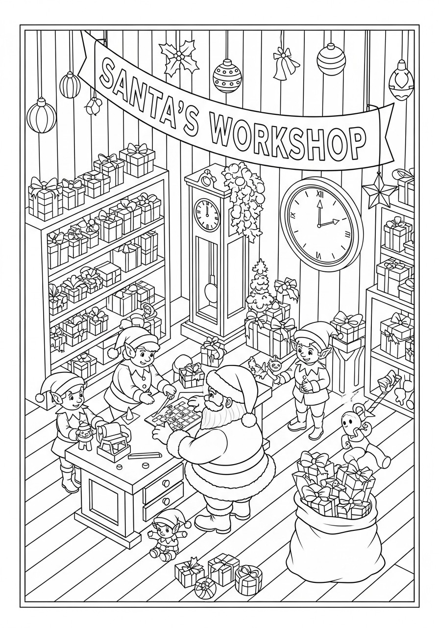 Disegno da colorare laboratorio di babbo natale