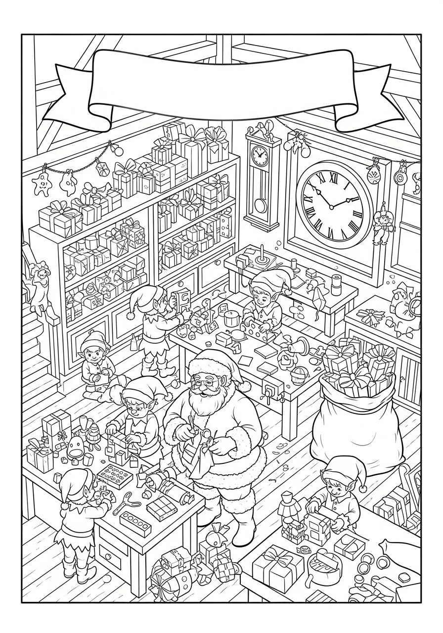 laboratorio di babbo natale con l'elfo di natale Disegno da colorare laboratorio di babbo natale con l'elfo di natale
