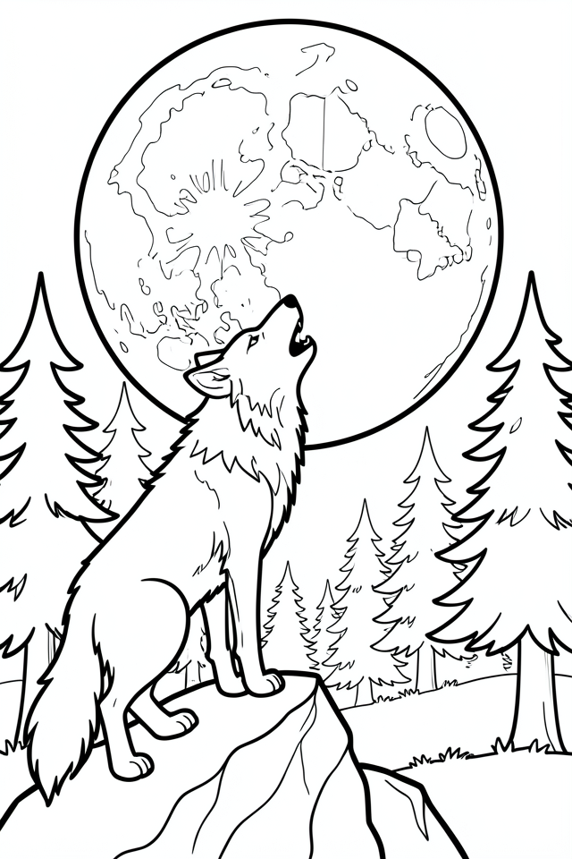 Disegno da colorare lupo ululante su una roccia