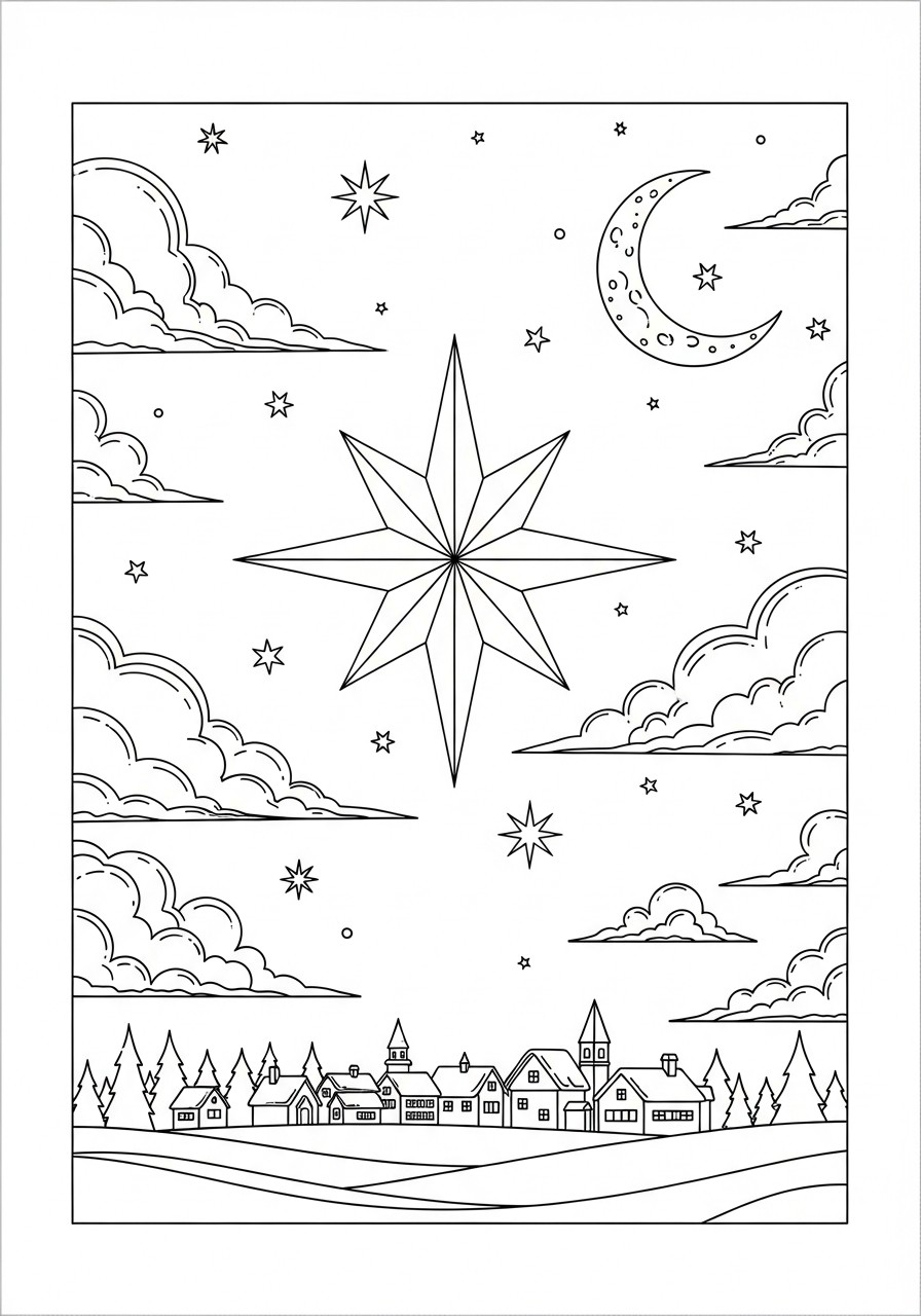 paesaggio natalizio con stelle Disegno da colorare paesaggio natalizio con stelle