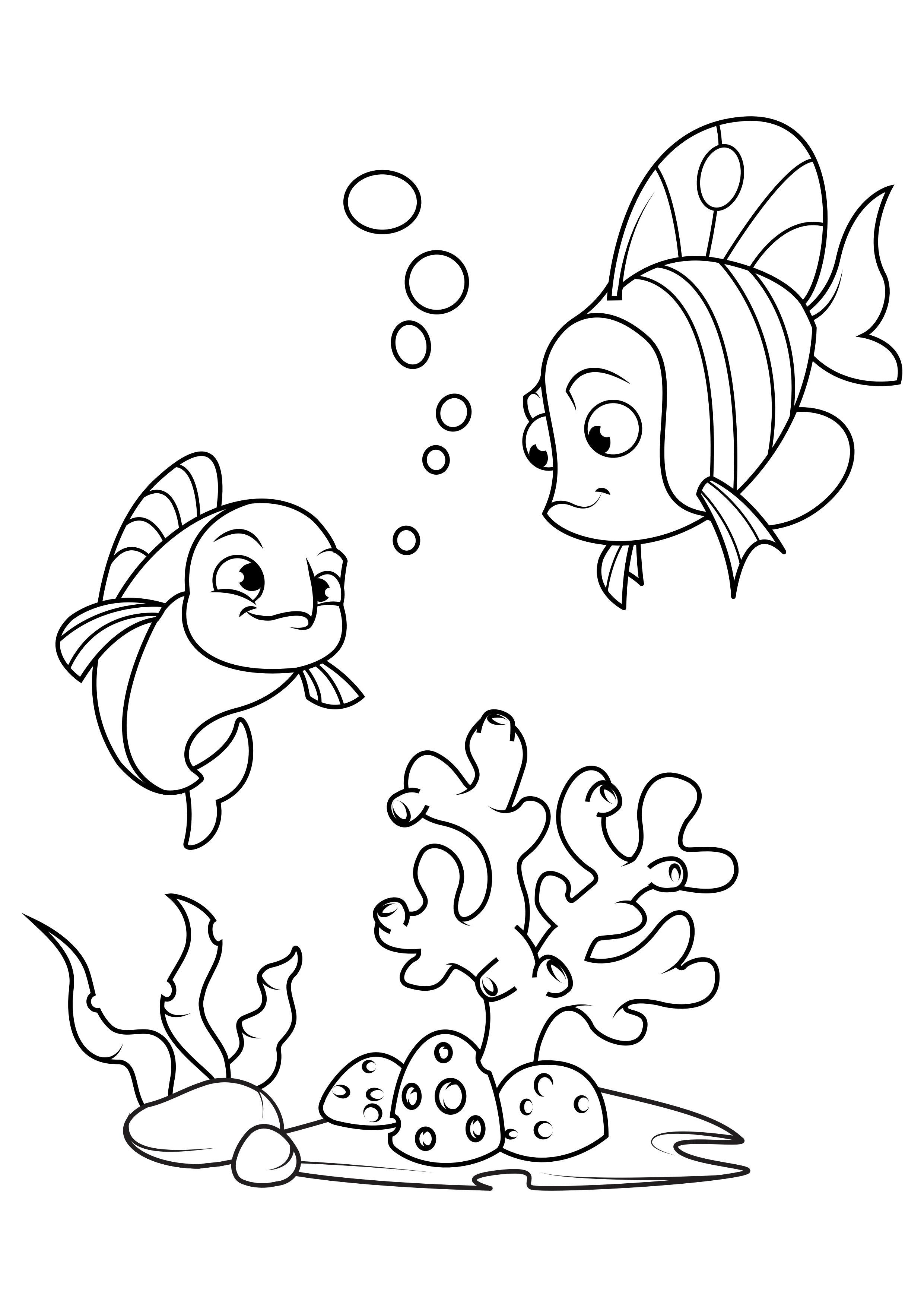 pesce con l'amico in mare Disegno da colorare pesce con l'amico in mare