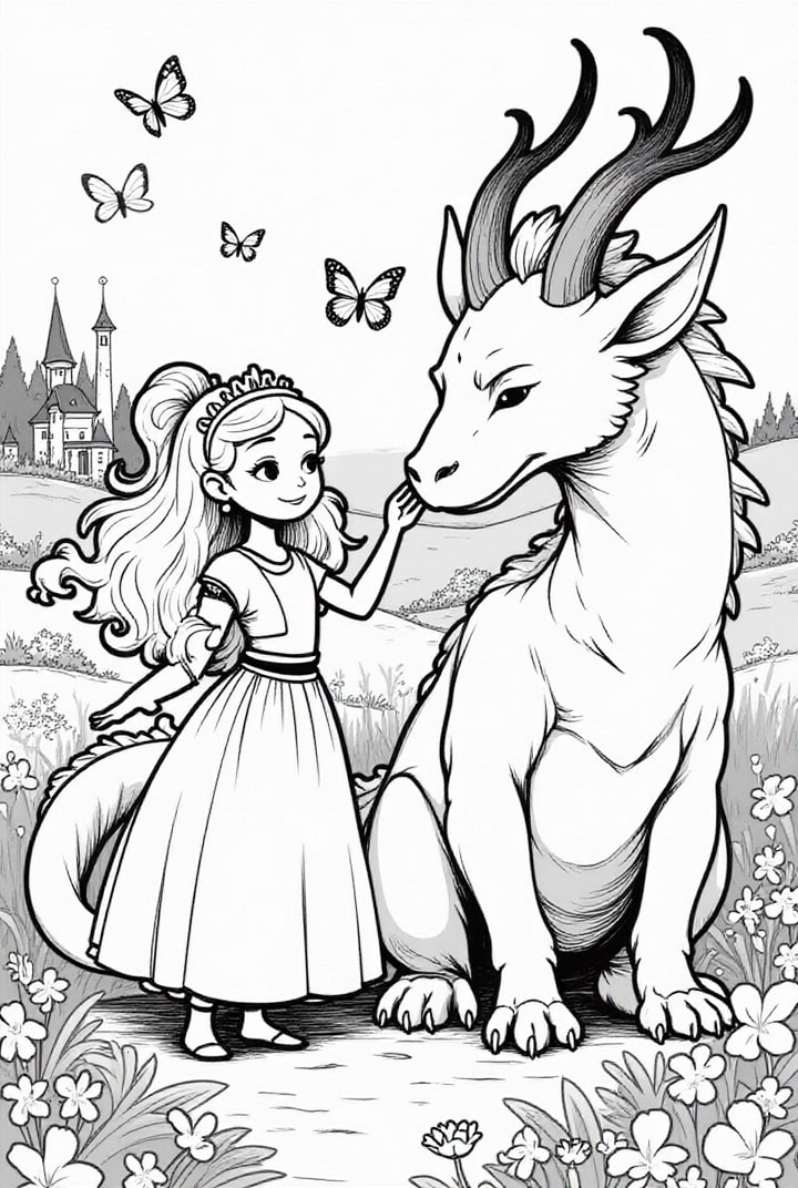 piccola principessa con il suo drago Disegno da colorare piccola principessa con il suo drago