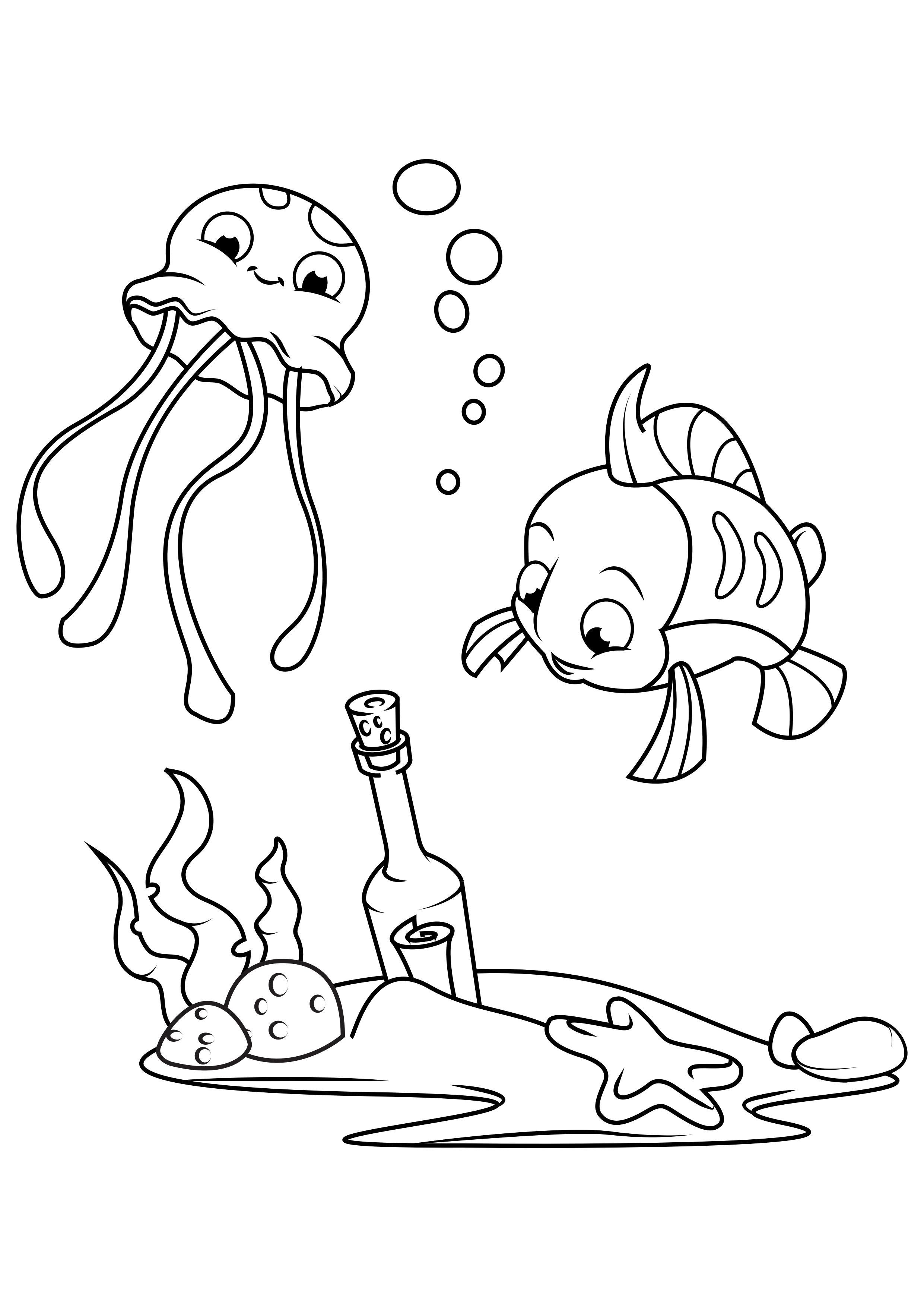 polpo e pesce con bottiglia Disegno da colorare polpo e pesce con bottiglia
