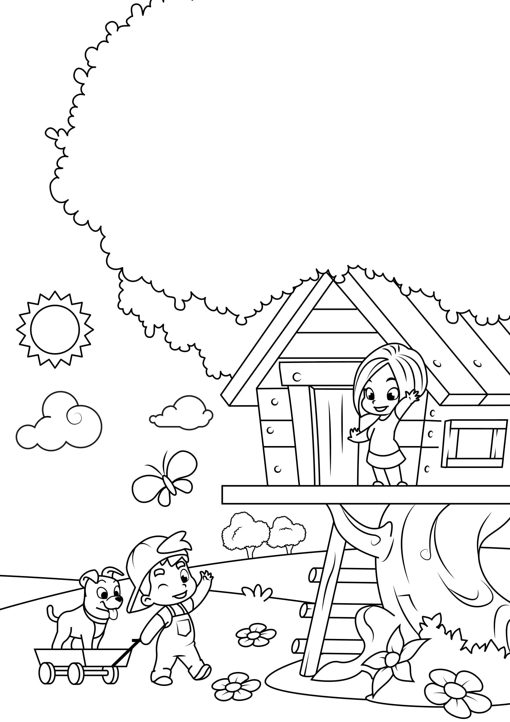 primavera - giocando nella casa sull'albero Disegno da colorare primavera - giocando nella casa sull'albero