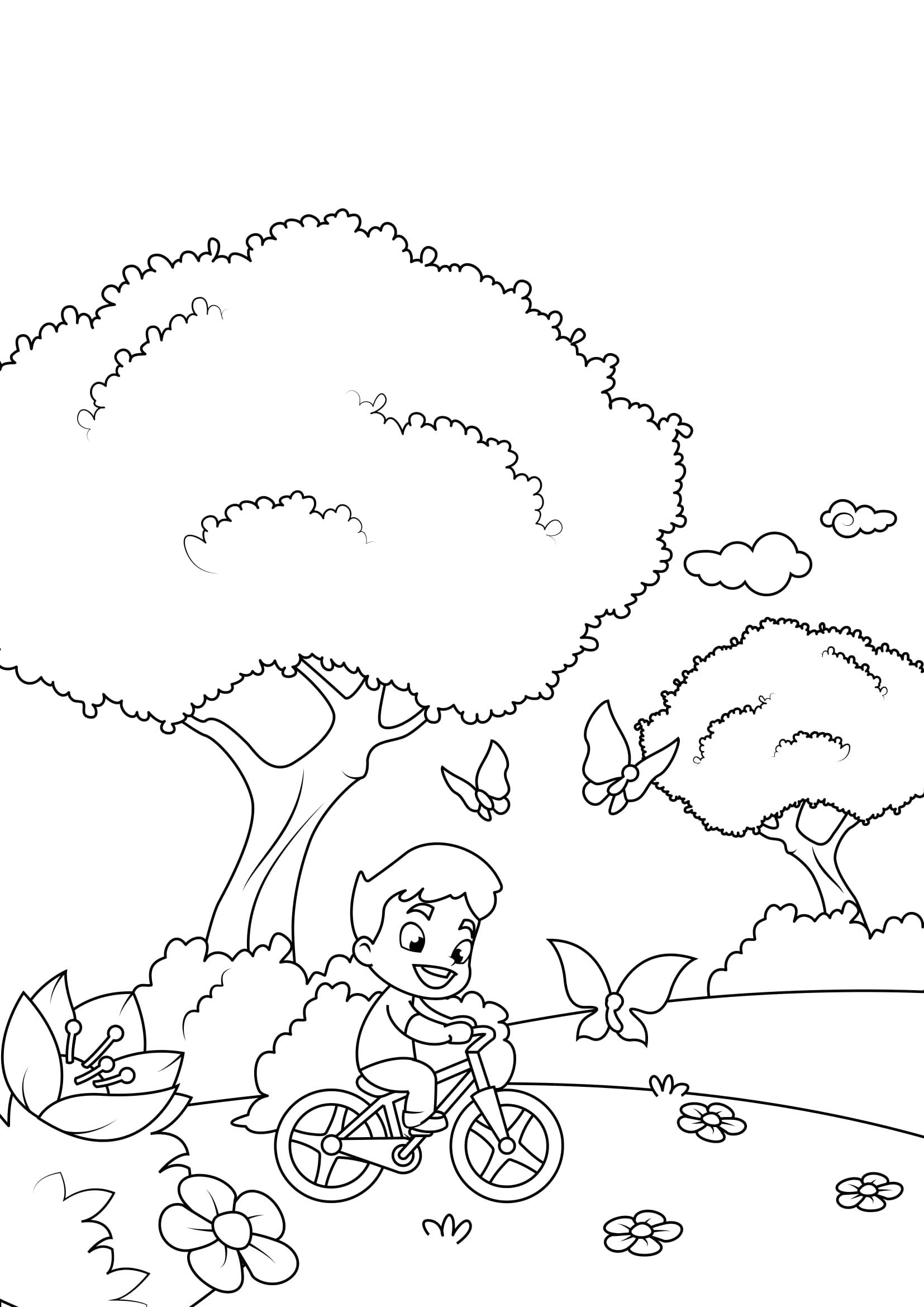 primavera, in bicicletta in giardino Disegno da colorare primavera, in bicicletta in giardino