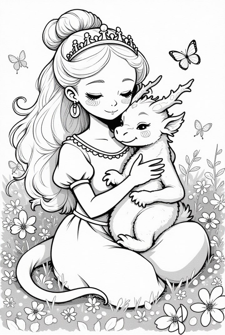 principessa con cucciolo di drago Disegno da colorare principessa con cucciolo di drago