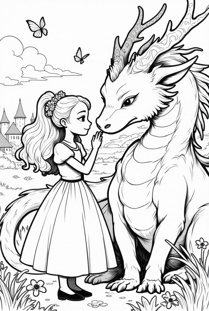 principessa con il suo amico drago Disegno da colorare principessa con il suo amico drago