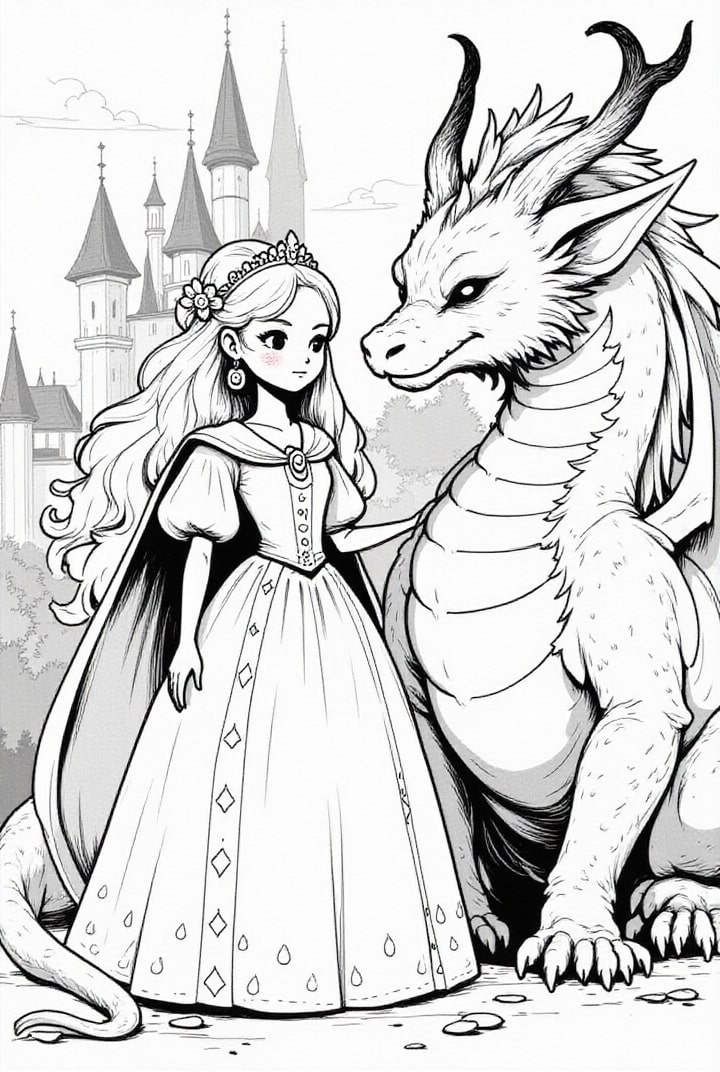 principessa coraggiosa con il suo drago Disegno da colorare principessa coraggiosa con il suo drago