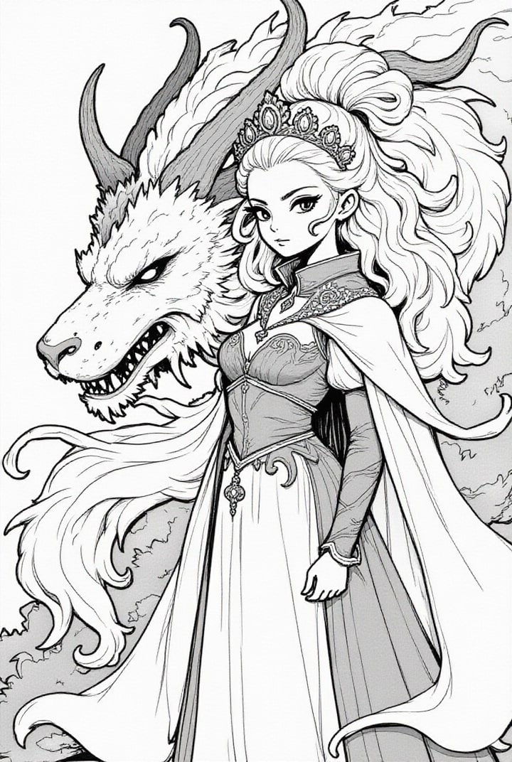 principessa guerriera con il suo drago Disegno da colorare principessa guerriera con il suo drago