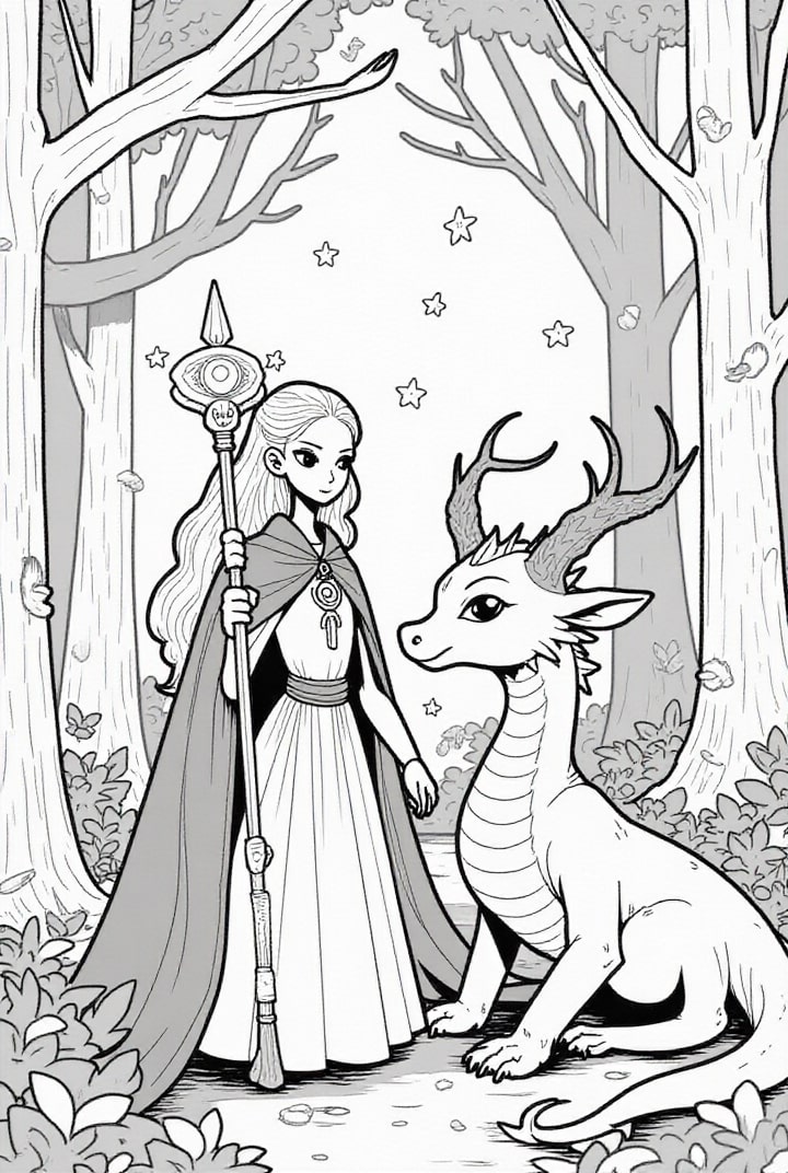 principessa nella foresta con drago Disegno da colorare principessa nella foresta con drago