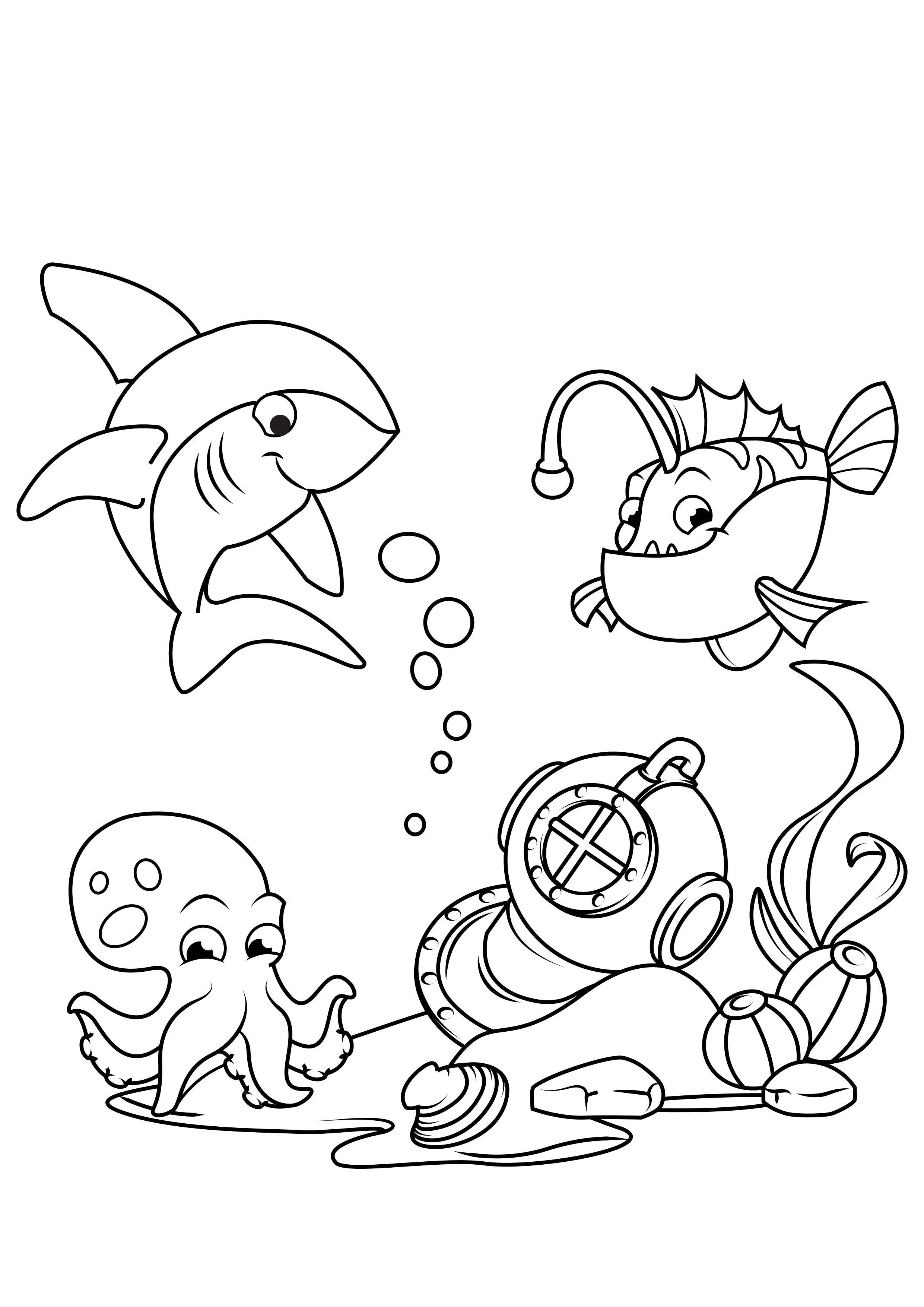 squalo con rana pescatrice e calamari in mare Disegno da colorare squalo con rana pescatrice e calamari in mare