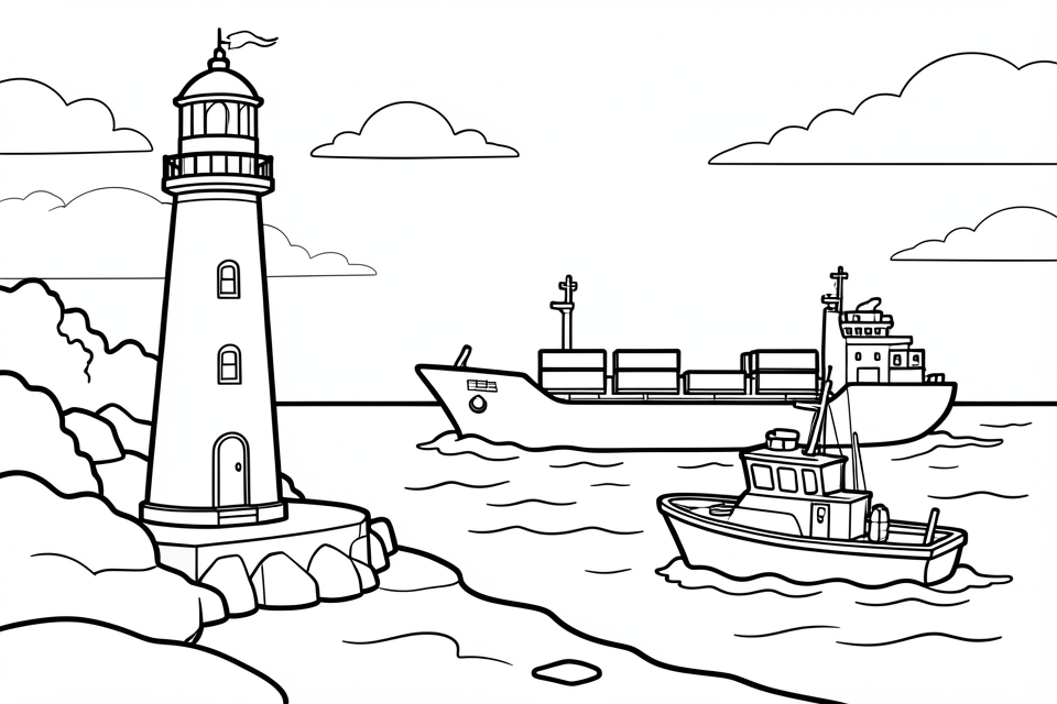 un faro nel porto con navi in mare Disegno da colorare un faro nel porto con navi in mare