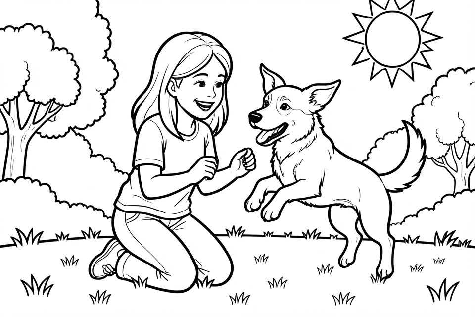 Disegno da colorare una bambina gioca con il suo cane