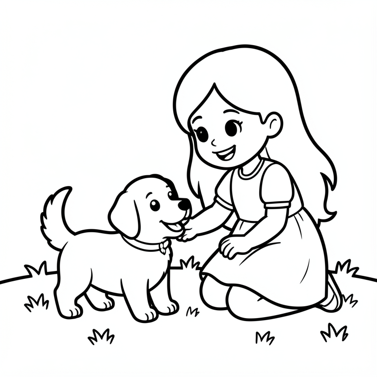 una bambina gioca con un cane Disegno da colorare una bambina gioca con un cane