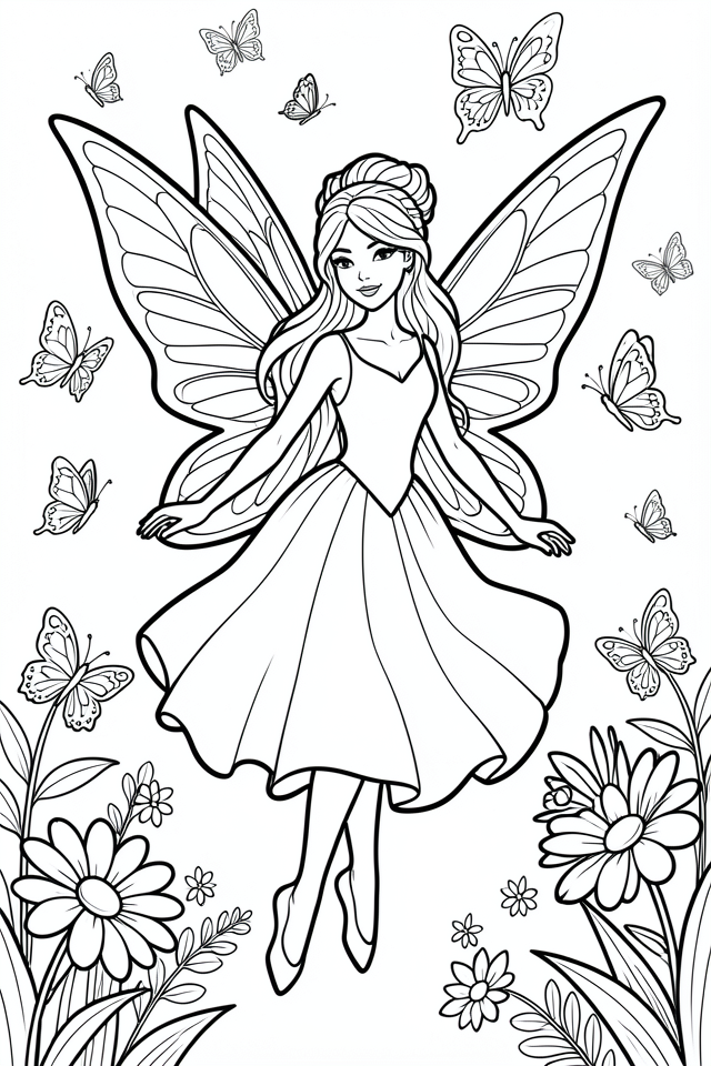 Disegno da colorare una fata con le farfalle