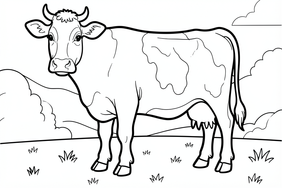 Disegno da colorare una mucca nel prato