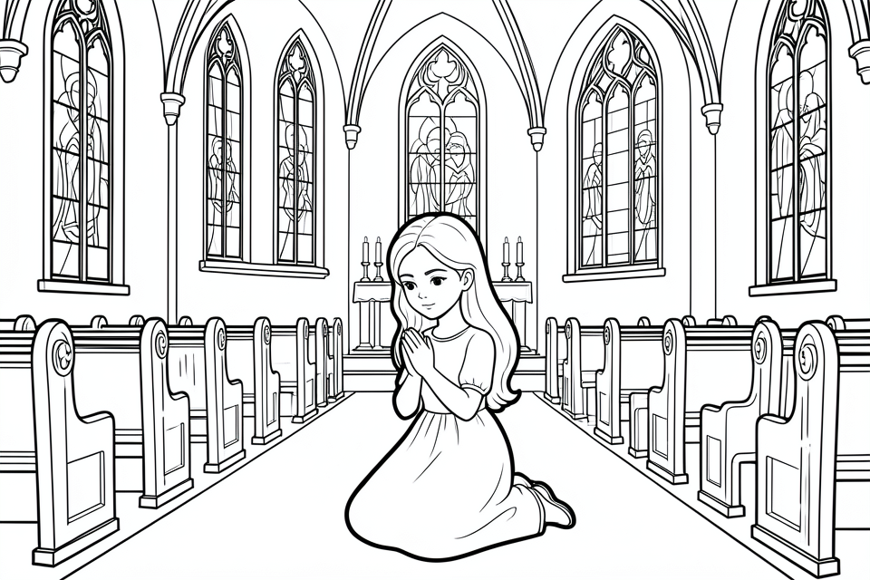 una ragazza prega in chiesa Disegno da colorare una ragazza prega in chiesa