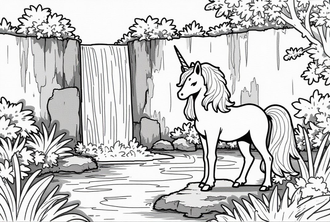 unicorno alla cascata Disegno da colorare unicorno alla cascata