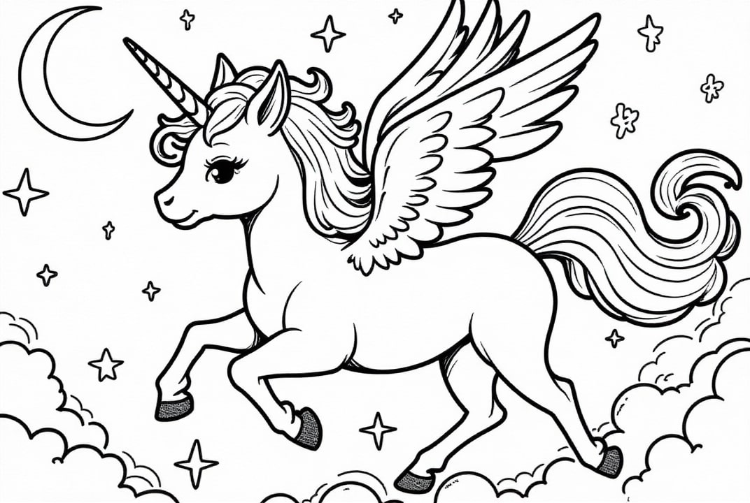 unicorno che vola tra le nuvole Disegno da colorare unicorno che vola tra le nuvole