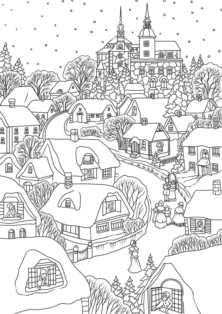 villaggio di natale Disegno da colorare villaggio di natale