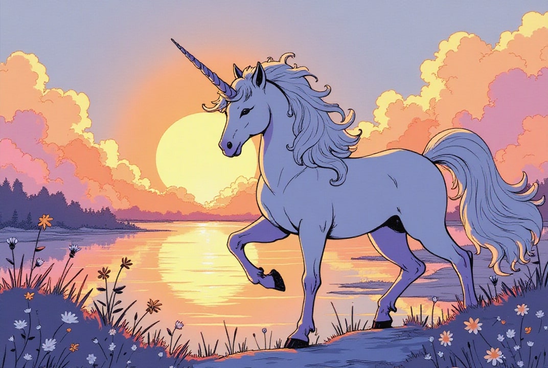 immagine unicorno al tramonto