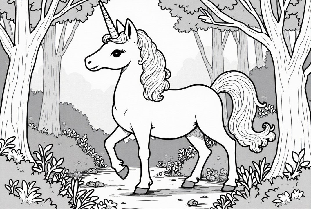 Disegno da colorare unicorno nella foresta